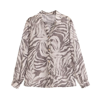 European and American summer new style fashionable lapel long sleeved single breasted versatile printed shirt for women
