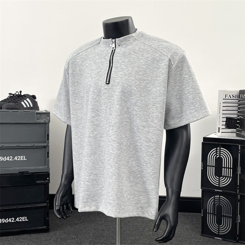 Half zip shoulder pad T-shirt for men short sleeved for summer
