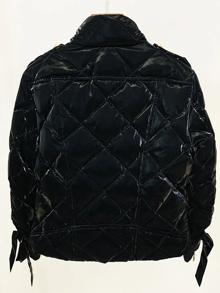 Designer donsjas voor dames met leeuwenknopen en ruitvormig stiksel