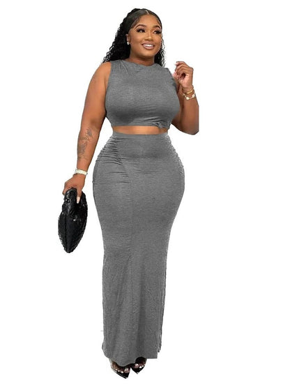Sexy Bodycon Skirt + Sleeveless Long Top Two-Piece Set Women's Summer Simple Solid Color