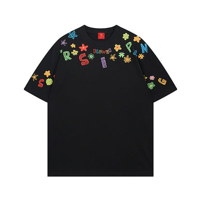 T-SHIRT Hand-Painted Graffiti Print Short Sleeve Loose Casual Cotton T-Shirt for Summer Vacation