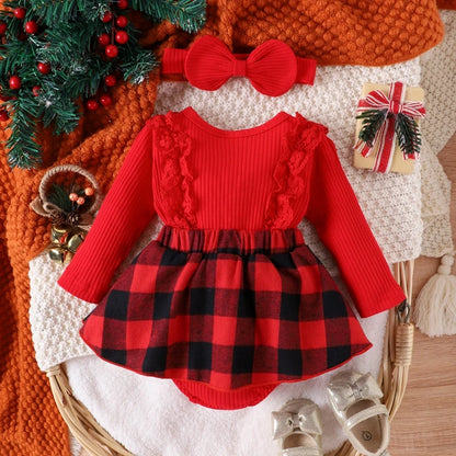 Babyjurk met kanten ruches details en ruitjespatroon plus hoofdband