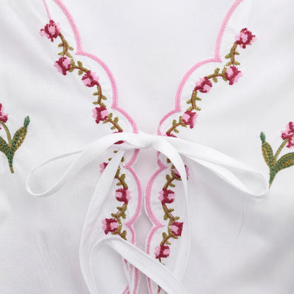 Floral Embroidered Poplin Top Short Sleeve Shirt Top for Women