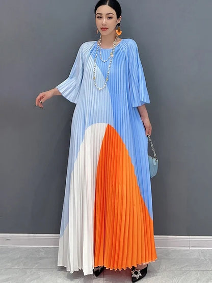 Summer New Hundred Pleated Printed Long Dress With O-Neck Half Sleeves Elegant Ladies Flare Women Dresses