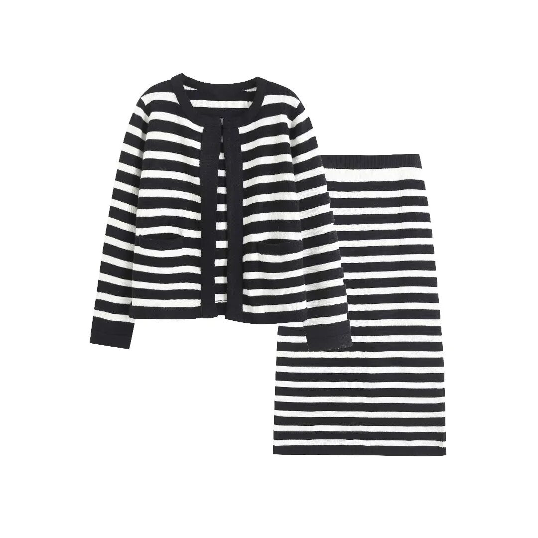 TRAF Women Skirt Sets Fashion Striped Knitted Cardigan Sweater+Mini Skirts Long Sleeve Casual Female clothing 2 pieces set