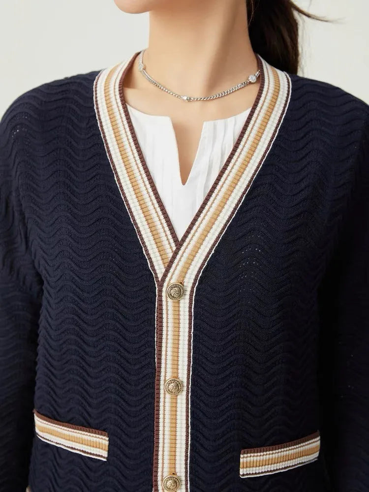 Stylish Striped Knit Sweater Cardigan Women Autumn Winter Long Sleeve V-neck Tops Single-breasted Fashion Vintage Jumpers