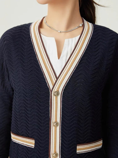 Stylish Striped Knit Sweater Cardigan Women Autumn Winter Long Sleeve V-neck Tops Single-breasted Fashion Vintage Jumpers