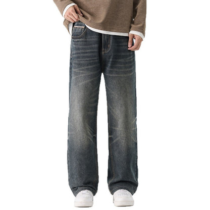 Blue Gray Denim Pants Men's Trendy Straight Leg Streetwear