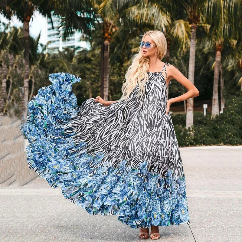 Casual Printed Loose Large Hem Dress Sexy Sleeveless Lady Beach Maxi Dress Summer Fashion Elegant Boho Dresses