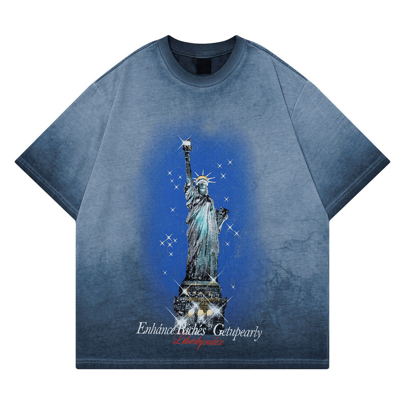 Print Summer Cotton Washed Vintage Short Sleeve T-Shirt