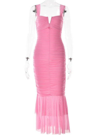 Mozision Hollow Out Backless Ruched Maxi Dress For Women Mesh Elegant Spaghetti Strap Sleeveless Bodycon Party Long Dress