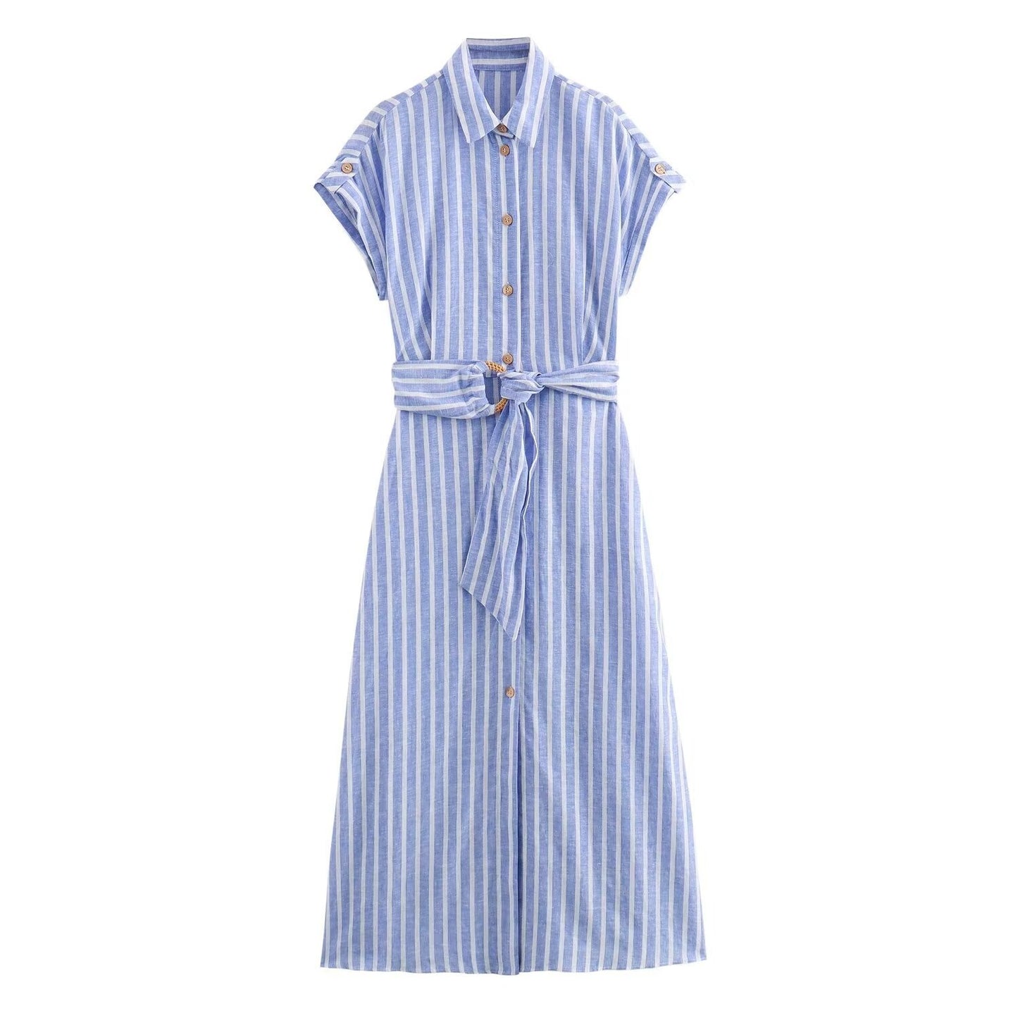 European and American Summer New Fashionable Linen Blended Striped Midi Belt Dress