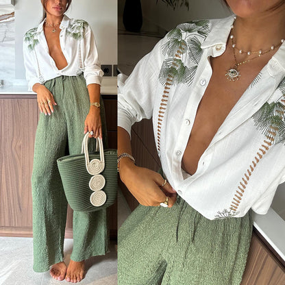 Spring and Autumn New Printed Long Sleeve Single Breasted Long Pants Set INS Casual Loose Two-piece Set