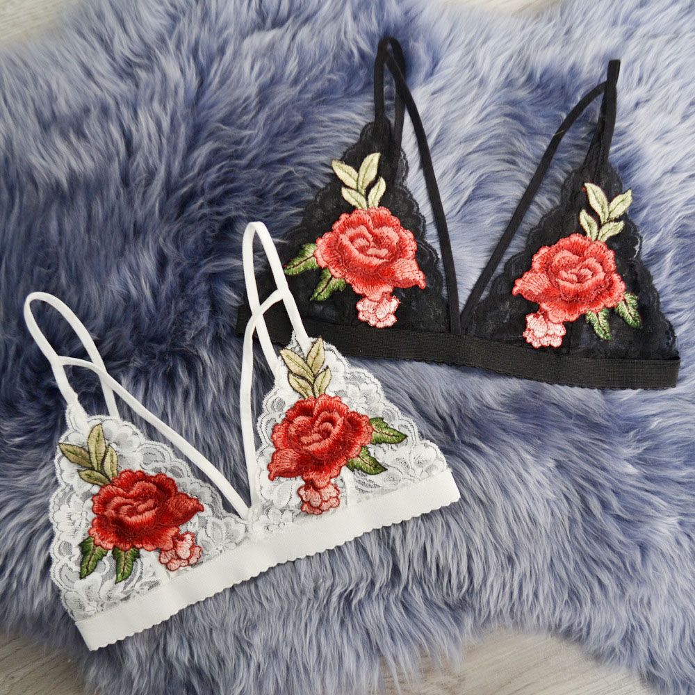 Women Sexy Embroidered Flowers Lingerie Dress Deep V-neck Bikini Women's Bralette Bra Tops Summer unpadded bra