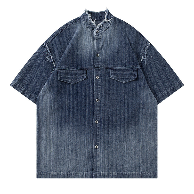 Washed Raw Edge Short Sleeve Shirt Summer Loose Casual Shirt