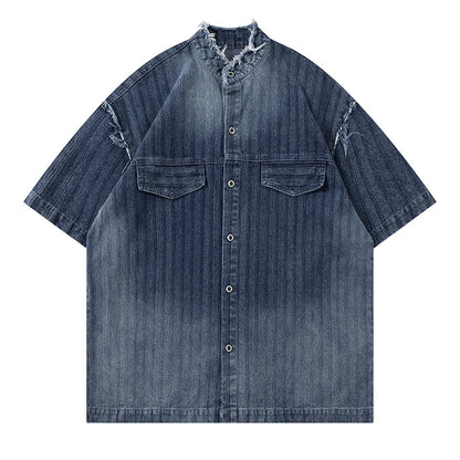 Washed Raw Edge Short Sleeve Shirt Summer Loose Casual Shirt