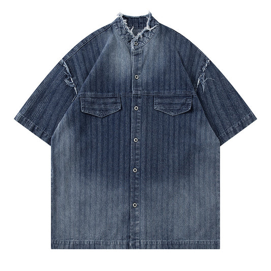 Washed Raw Edge Short Sleeve Shirt Summer Loose Casual Shirt