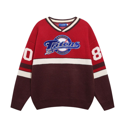 Color blocked letter embroidery V-neck sweater