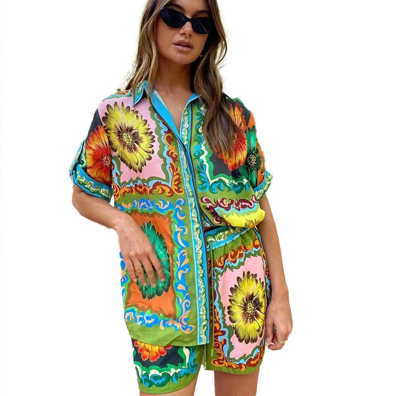 Casual Fashionable printed daisy flower shorts and shirt two sets