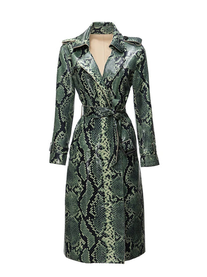 Designer PU jas voor dames met slangenprint lange mouwen en riem