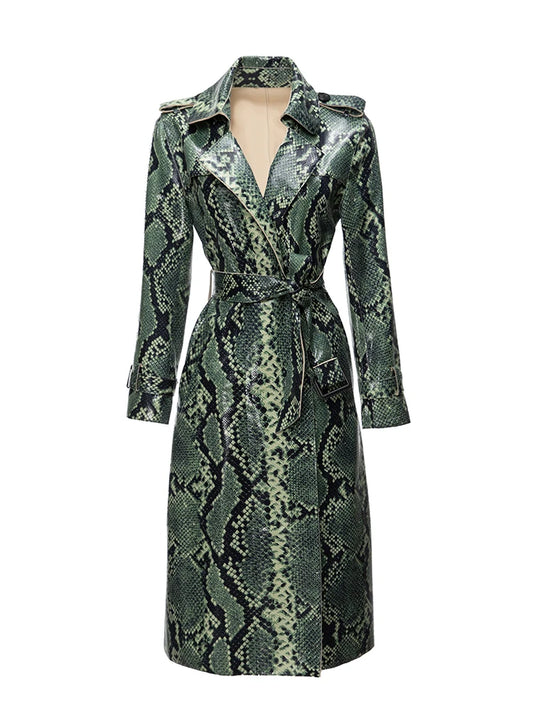 Designer PU jas voor dames met slangenprint lange mouwen en riem
