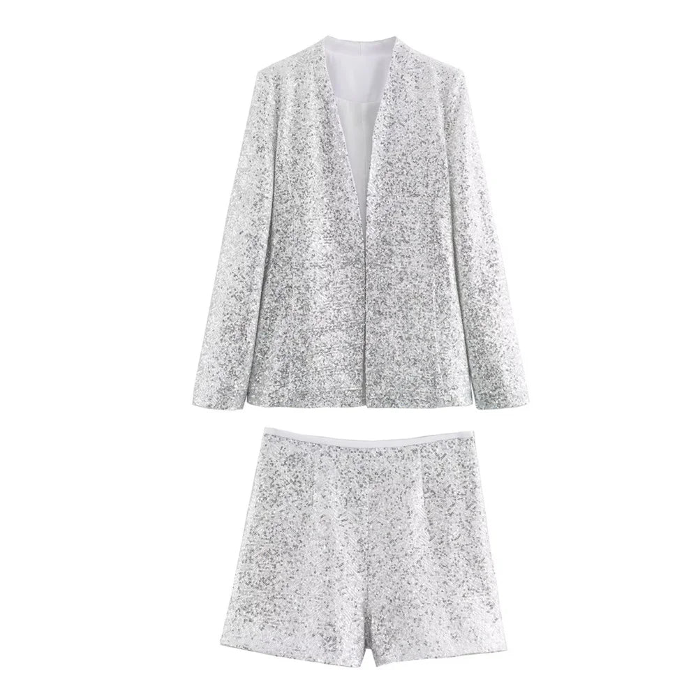 Summer New casual women's V-neck long sleeved sequined suit jacket casual high waisted shorts set