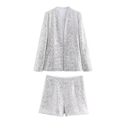 Summer New casual women's V-neck long sleeved sequined suit jacket casual high waisted shorts set