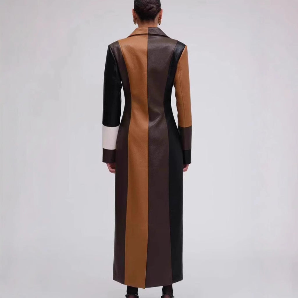 Lange PU-leren jurk met V-hals  kleurblokken voor dames geschikt voor de herfst en winter