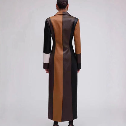 Lange PU-leren jurk met V-hals  kleurblokken voor dames geschikt voor de herfst en winter