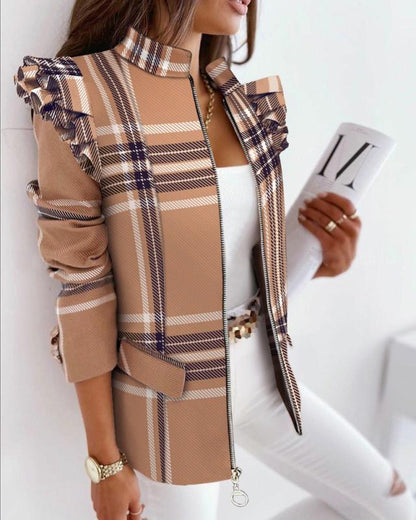 Flounce Sleeve Long Sleeve Zipper Printed Blazer Coat for Women