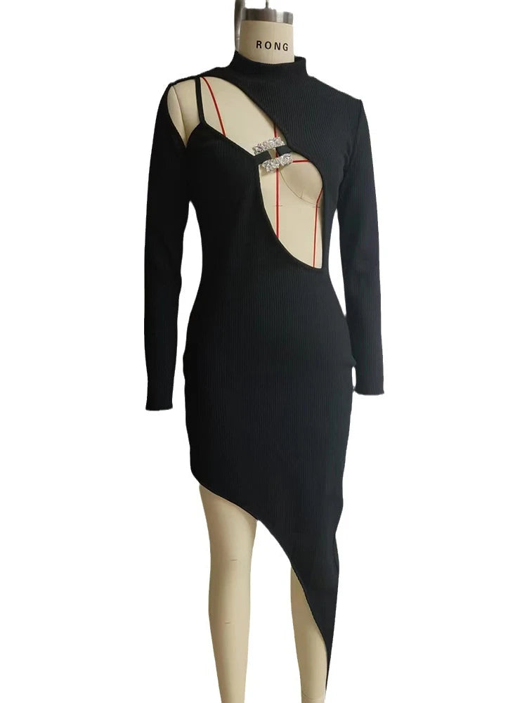 Women's Sexy Black Diamonds Hollow Out Split Irregular Bodycon Bandage Dress Elegant Party Celebrity Dresses Gown