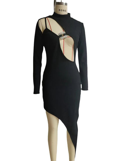 Women's Sexy Black Diamonds Hollow Out Split Irregular Bodycon Bandage Dress Elegant Party Celebrity Dresses Gown