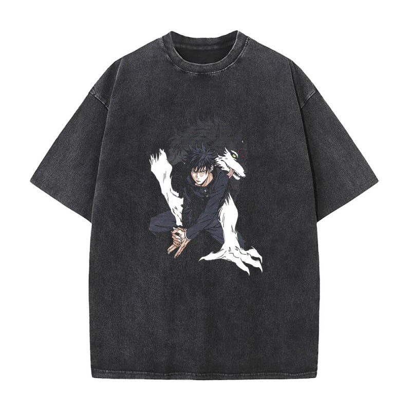 Summer AnimePrinted T-Shirt Cotton Washed Vintage Short Sleeve