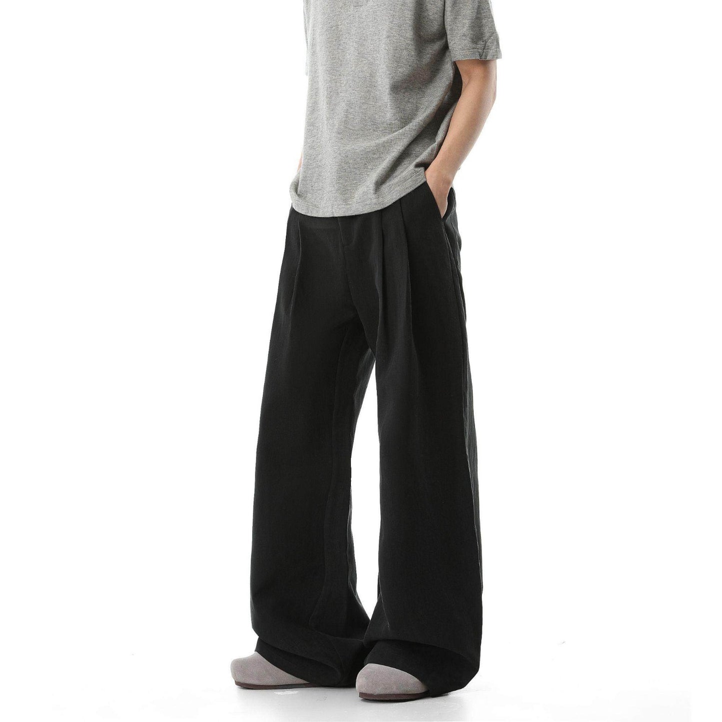 Preppy Style Linen-Like Pleated Wide-Leg Trousers for Men