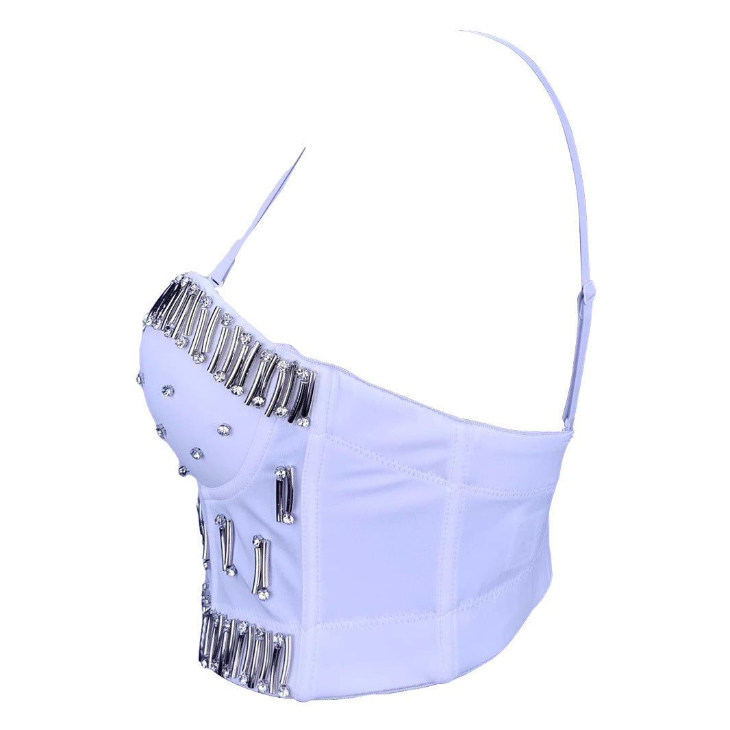 Fishbone Bustier  for Women Handmade Rhinestone Wrap Bra Fitted Elegant Mini Strap Camisole