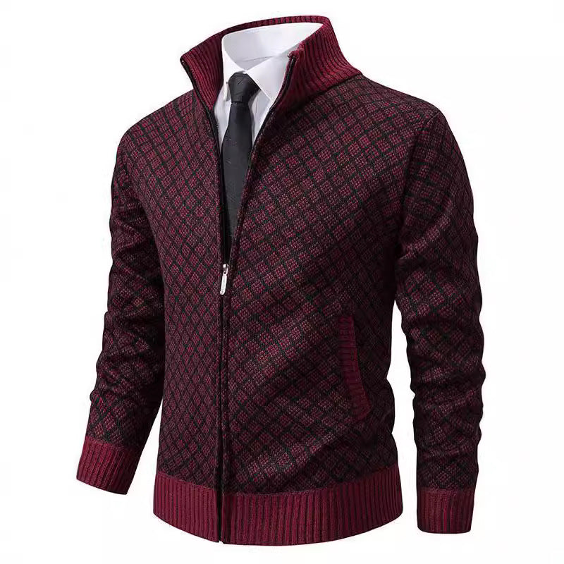 Velvet thickened casual stand up collar hooded zipper knitted jacket