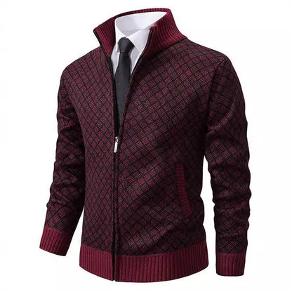 Velvet thickened casual stand up collar hooded zipper knitted jacket