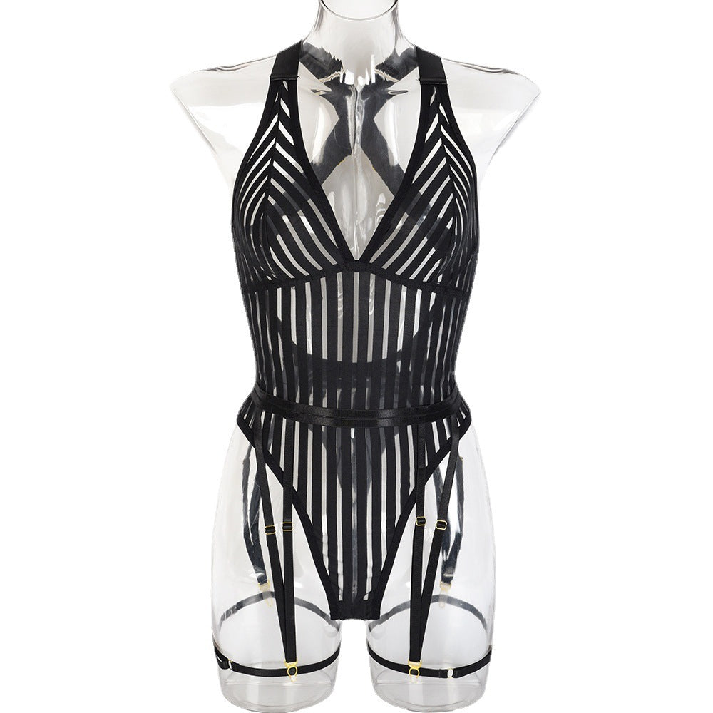 New Sexy Bodysuit Striped Stitching Sexy Cross Straps Open Back Body Shaper With Ankle