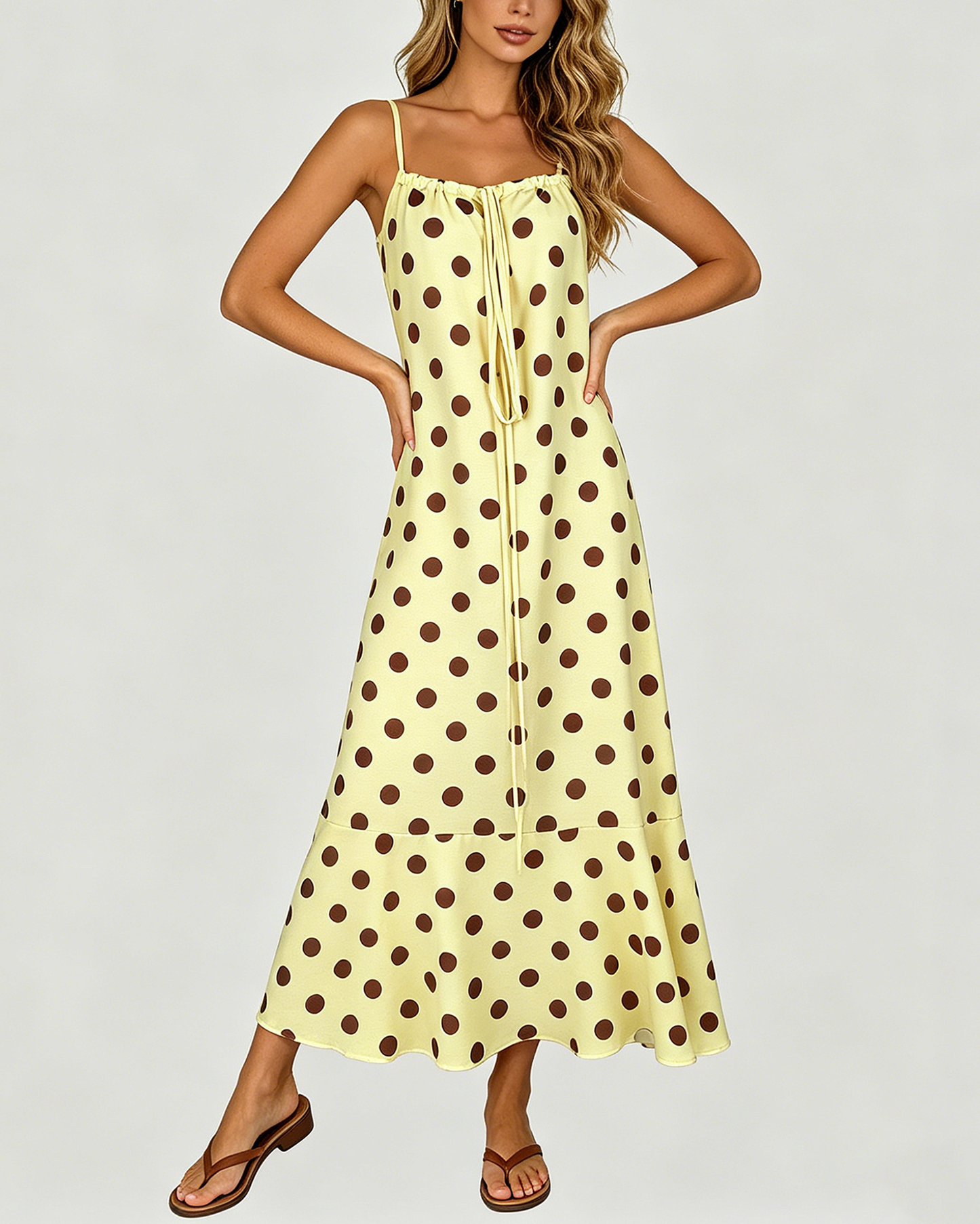 Women's Fashion Loose Banded Drawstring Backless Sleeveless Brown Dot Yellow Dress