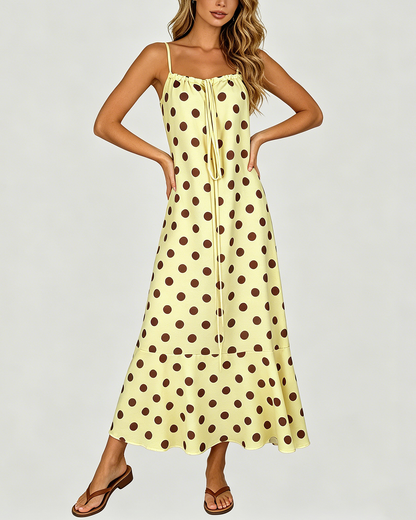 Women's Fashion Loose Banded Drawstring Backless Sleeveless Brown Dot Yellow Dress