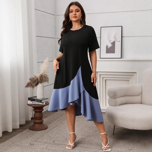 Color Block Spliced Dress with Short Sleeves and Flared Hem for Plus Size Women in Summer