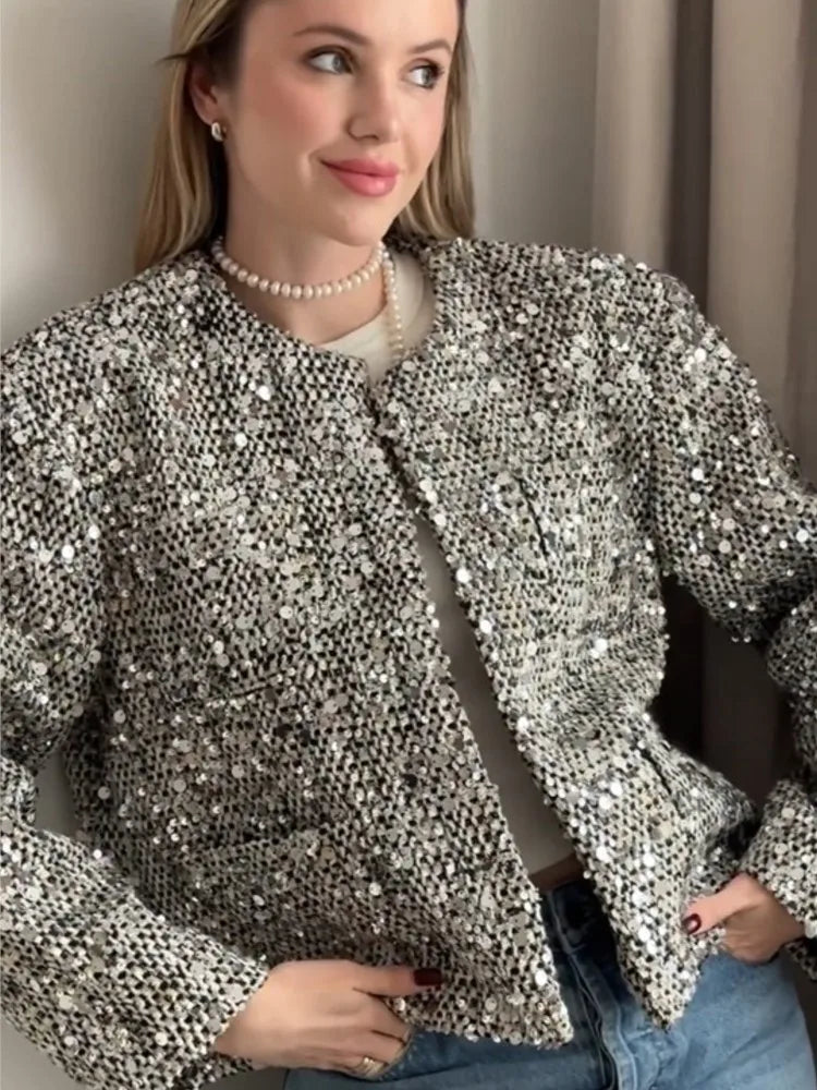 Elegante zilveren cropped jas met pailletten en chique ronde hals
