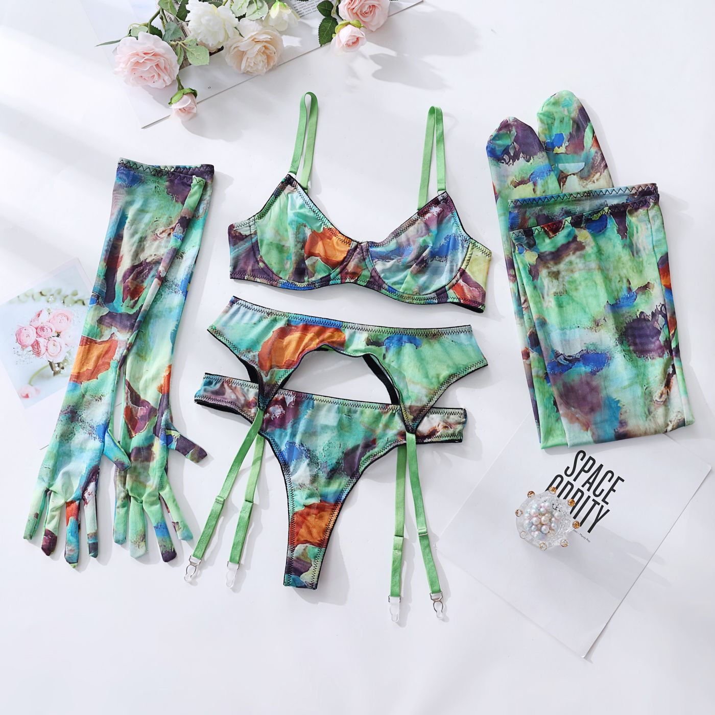 Lingerie Set with Gloves and Stockings - Mesh Printed Design