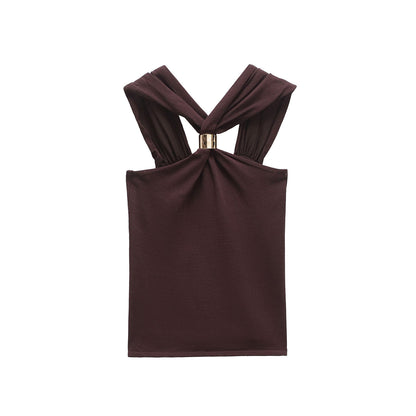 Gold inlaid knitted halter top with camisole, women's top