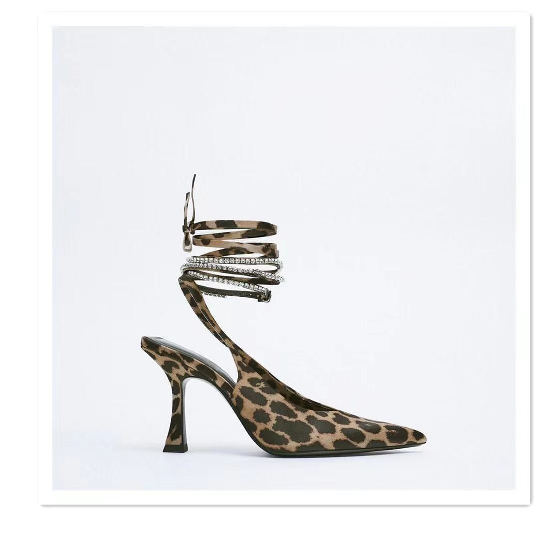 Women Leopard Strappy High Heels Mules Woman Pumps Party Lace up Sandals Heels