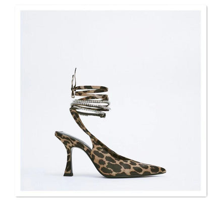 Women Leopard Strappy High Heels Mules Woman Pumps Party Lace up Sandals Heels