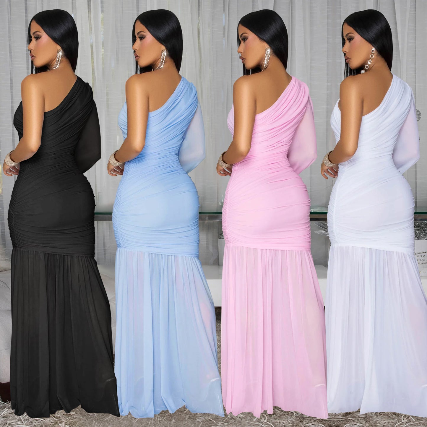 Fashion Women's Sexy Asymmetrical Sleeve Mesh Elegant Dress