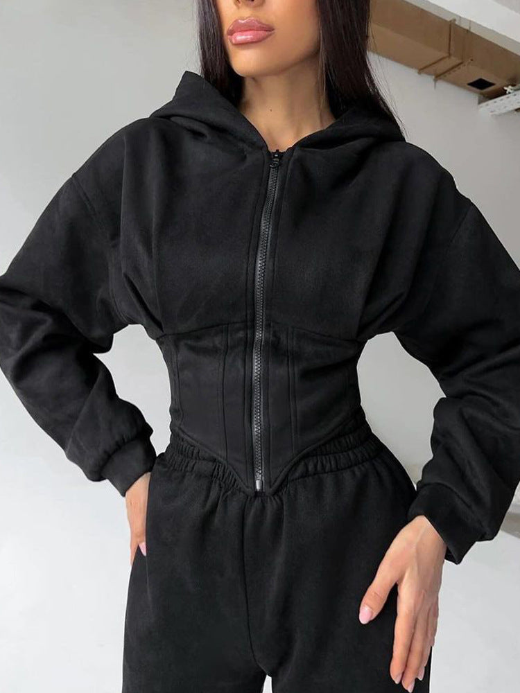 Women's Solid Color Waist Hoodie Pants Set