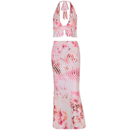 Hanging neck print sexy vacation casual set