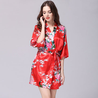 Women Faux Silk Robe Satin Wedding Bride Robe Large Size Sexy Floral Bathrobe Short Nightwear Women Pajamas Kimono